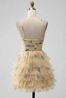 Yellow A Line Spaghetti Straps Tiered Short Tulle Cocktail Dress