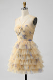 Yellow A Line Spaghetti Straps Tiered Short Tulle Cocktail Dress