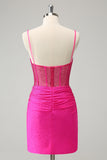 Fuchsia Bodycon Spaghetti Straps Ruched Short Cocktail Dress with Beading