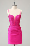 Fuchsia Bodycon Spaghetti Straps Ruched Short Cocktail Dress with Beading