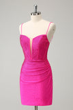 Fuchsia Bodycon Spaghetti Straps Ruched Short Cocktail Dress with Beading