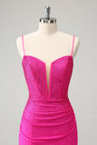 Fuchsia Bodycon Spaghetti Straps Ruched Short Cocktail Dress with Beading