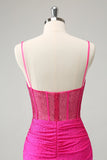 Fuchsia Bodycon Spaghetti Straps Ruched Short Cocktail Dress with Beading