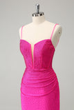 Fuchsia Bodycon Spaghetti Straps Ruched Short Cocktail Dress with Beading