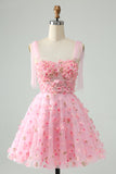 Cute Pink A Line Spaghetti Straps Cocktail Dress with 3D Flowers