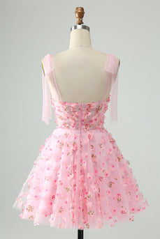 Cute Pink A Line Spaghetti Straps Cocktail Dress with 3D Flowers
