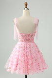 Cute Pink A Line Spaghetti Straps Cocktail Dress with 3D Flowers