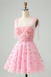 Cute Pink A Line Spaghetti Straps Cocktail Dress with 3D Flowers