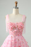 Cute Pink A Line Spaghetti Straps Cocktail Dress with 3D Flowers