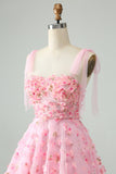 Cute Pink A Line Spaghetti Straps Cocktail Dress with 3D Flowers