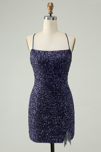 Sparkly Navy Sequins Tight Short Cocktail Dress With Fringes
