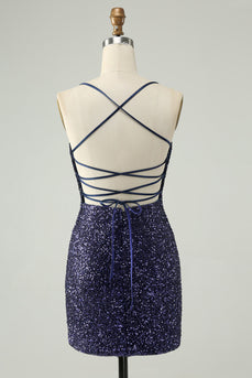Sparkly Navy Sequins Tight Short Cocktail Dress With Fringes