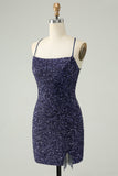 Sparkly Navy Sequins Tight Short Cocktail Dress With Fringes