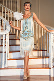 Champagne Gatsby 1920s Flapper Dress with Sequins and Fringes