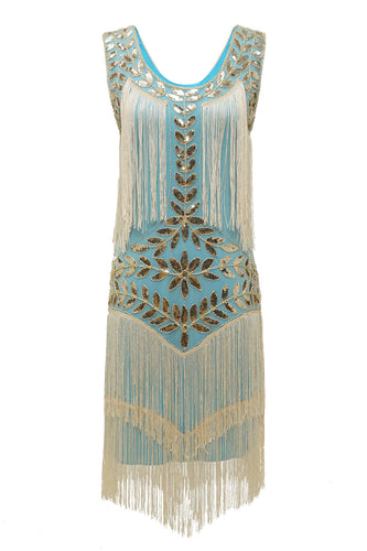 Blue Apricot Gatsby 1920s Dress with Sequins and Fringes