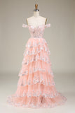 Princess A Line Off the Shoulder Blush Long Formal Dress with Appliques