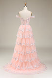 Princess A Line Off the Shoulder Blush Long Formal Dress with Appliques