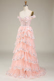 Princess A Line Off the Shoulder Blush Long Formal Dress with Appliques