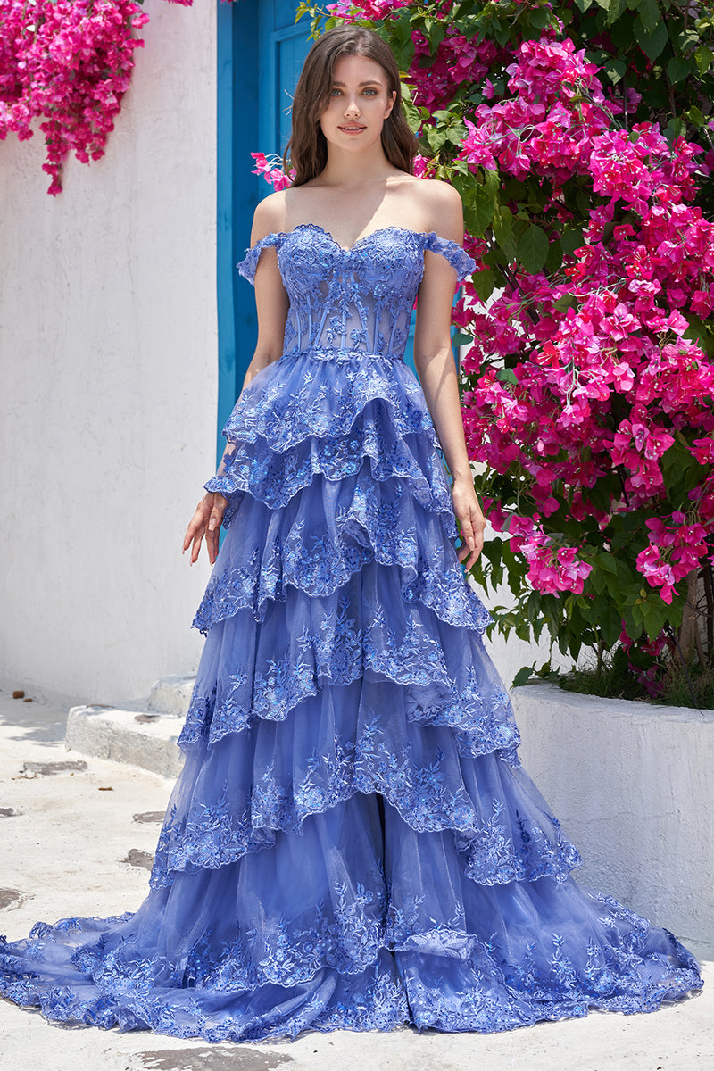 Load image into Gallery viewer, Princess A Line Off the Shoulder Blue Long Formal Dress with Appliques