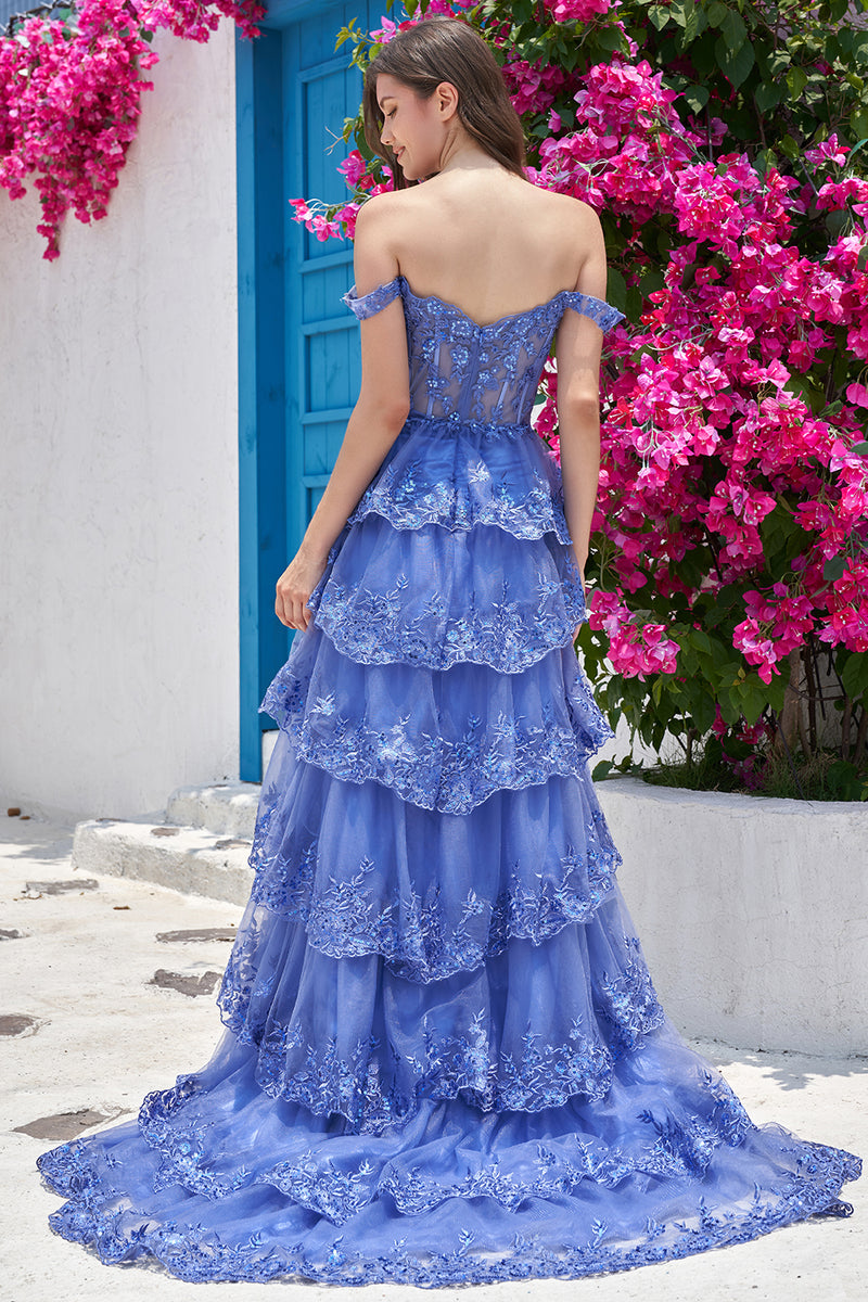 Load image into Gallery viewer, Princess A Line Off the Shoulder Blue Long Formal Dress with Appliques