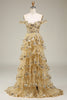 Load image into Gallery viewer, Princess A Line Off the Shoulder Golden Long Formal Dress with Appliques