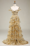 Princess A Line Off the Shoulder Golden Long Formal Dress with Appliques