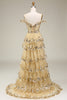 Load image into Gallery viewer, Princess A Line Off the Shoulder Golden Long Formal Dress with Appliques