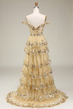 Princess A Line Off the Shoulder Golden Long Formal Dress with Appliques