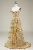 Princess A Line Off the Shoulder Golden Long Formal Dress with Appliques