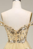 Princess A Line Off the Shoulder Golden Long Formal Dress with Appliques