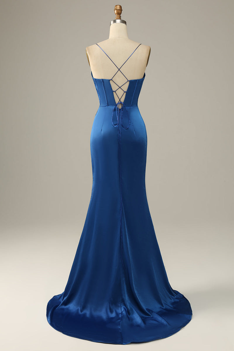 Load image into Gallery viewer, Royal Blue Spaghetti Straps Mermaid Formal Dress with Slit