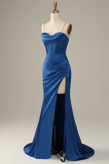 Royal Blue Spaghetti Straps Mermaid Formal Dress with Slit