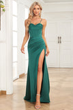 Dark Green Mermaid Spaghetti Straps Satin Formal Dress with Slit Front