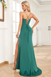 Dark Green Mermaid Spaghetti Straps Satin Formal Dress with Slit Front