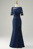 Navy Sheath Ruffled Half Sleeves Long Choir Dress with Appliques
