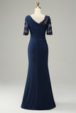 Navy Sheath Ruffled Half Sleeves Long Choir Dress with Appliques