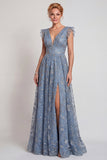 Grey Blue Appliqued V Neck A Line Mother of the Bride Dress with Slit
