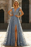 A Line Deep V Neck Grey Blue Plus Size Formal Dress with Embroidery