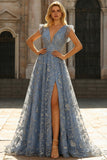 Grey Blue A Line Sequins V-Neck Long Formal Dress with Slit