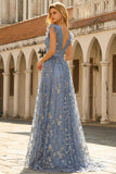 Grey Blue A Line Sequins V-Neck Long Formal Dress with Slit