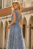 Grey Blue A Line Sequins V-Neck Long Formal Dress with Slit