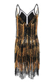 Spaghetti Straps Black Golden 1920s Dress with Fringes