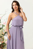 A Line Halter Purple Long Bridesmaid Dress with Bowknot