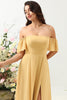Load image into Gallery viewer, A Line Off the Shoulder Yellow Flower Printed Plus Size Bridesmaid Dress