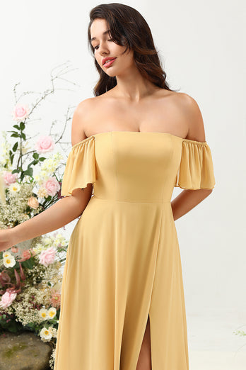 A Line Off the Shoulder Yellow Flower Printed Plus Size Bridesmaid Dress
