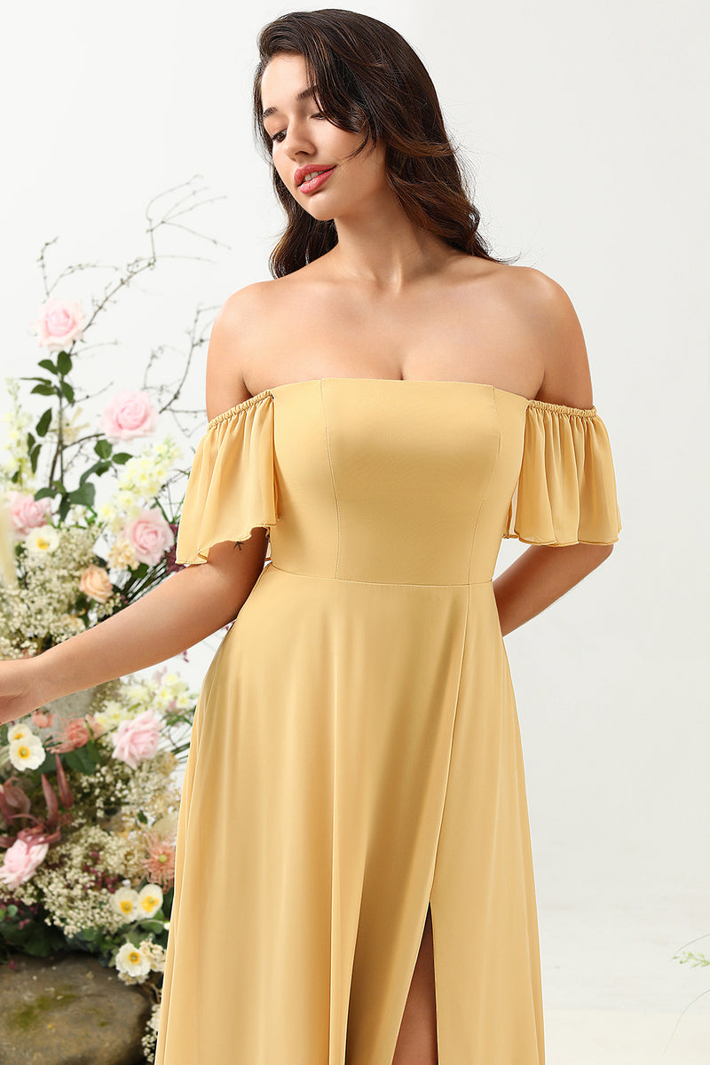 Load image into Gallery viewer, A Line Off the Shoulder Yellow Flower Printed Plus Size Bridesmaid Dress