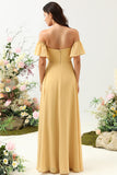 A Line Off the Shoulder Yellow Flower Printed Plus Size Bridesmaid Dress