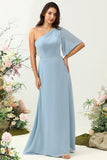 Grey Blue One Shoulder Chiffon Boho Bridesmaid Dress