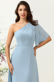 Grey Blue One Shoulder Chiffon Boho Bridesmaid Dress