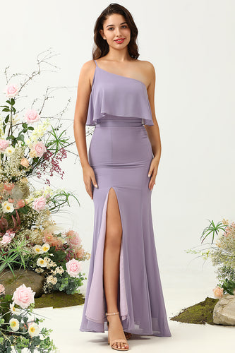 Sheath One Shoulder Purple Plus Size Bridesmaid Dress with Silt